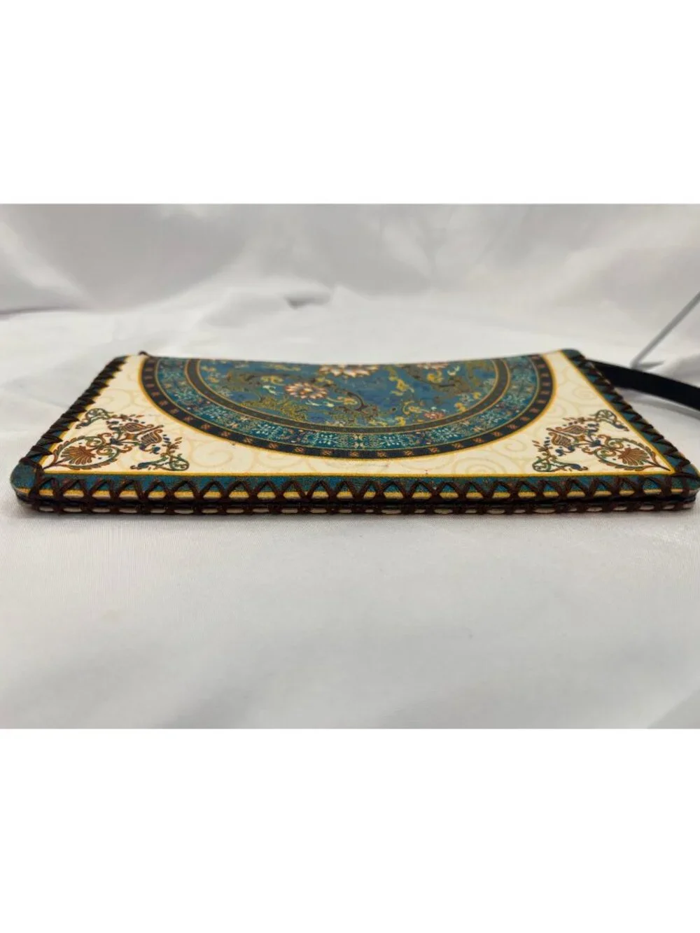 Boho Floral Medallion Wristlet Wallet Teal Cream Whipstitch Zip Organizer